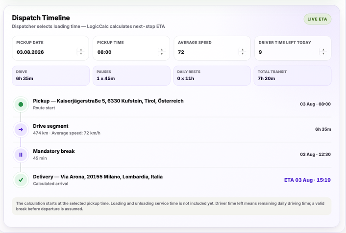 LogicCalc driver timeline with driving time, mandatory break and ETA