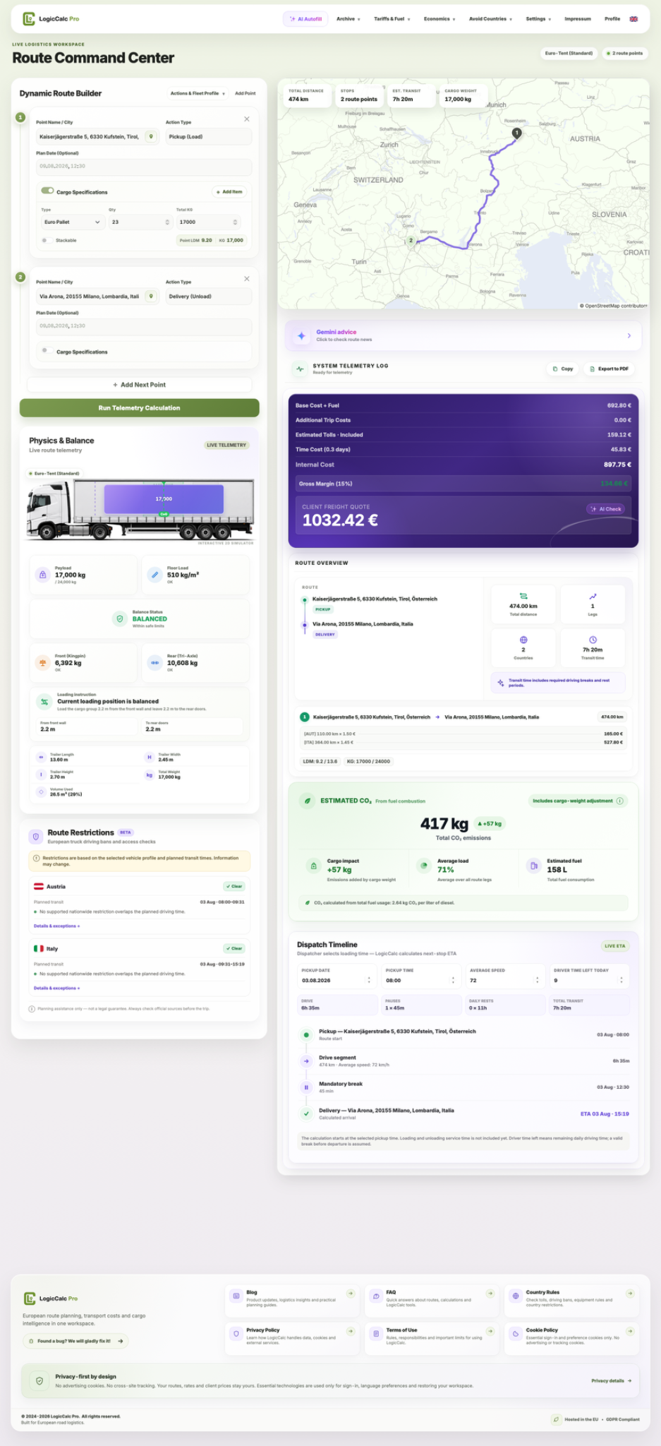 Full LogicCalc logistics calculator workspace with route planning, cargo, costs, map and dispatch tools