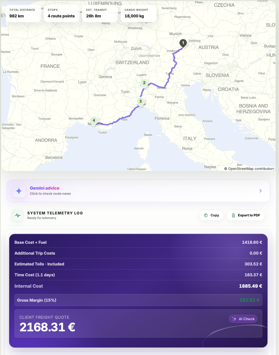 LogicCalc road freight calculation with route map and client freight quote