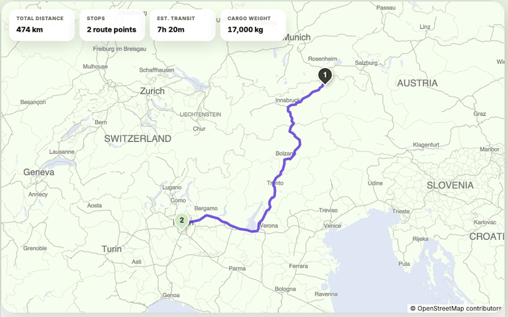 LogicCalc truck route map from Austria to Italy with distance and transit time