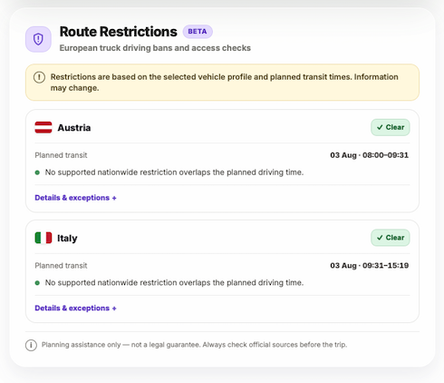 LogicCalc route restrictions for Austria and Italy